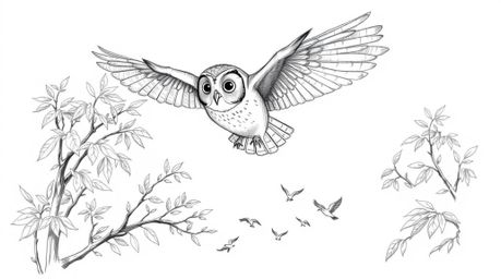 A beautifully hand-drawn sketch depicting a blind owl, rendered in a charming Pixar-esque style, gracefully navigating a dens