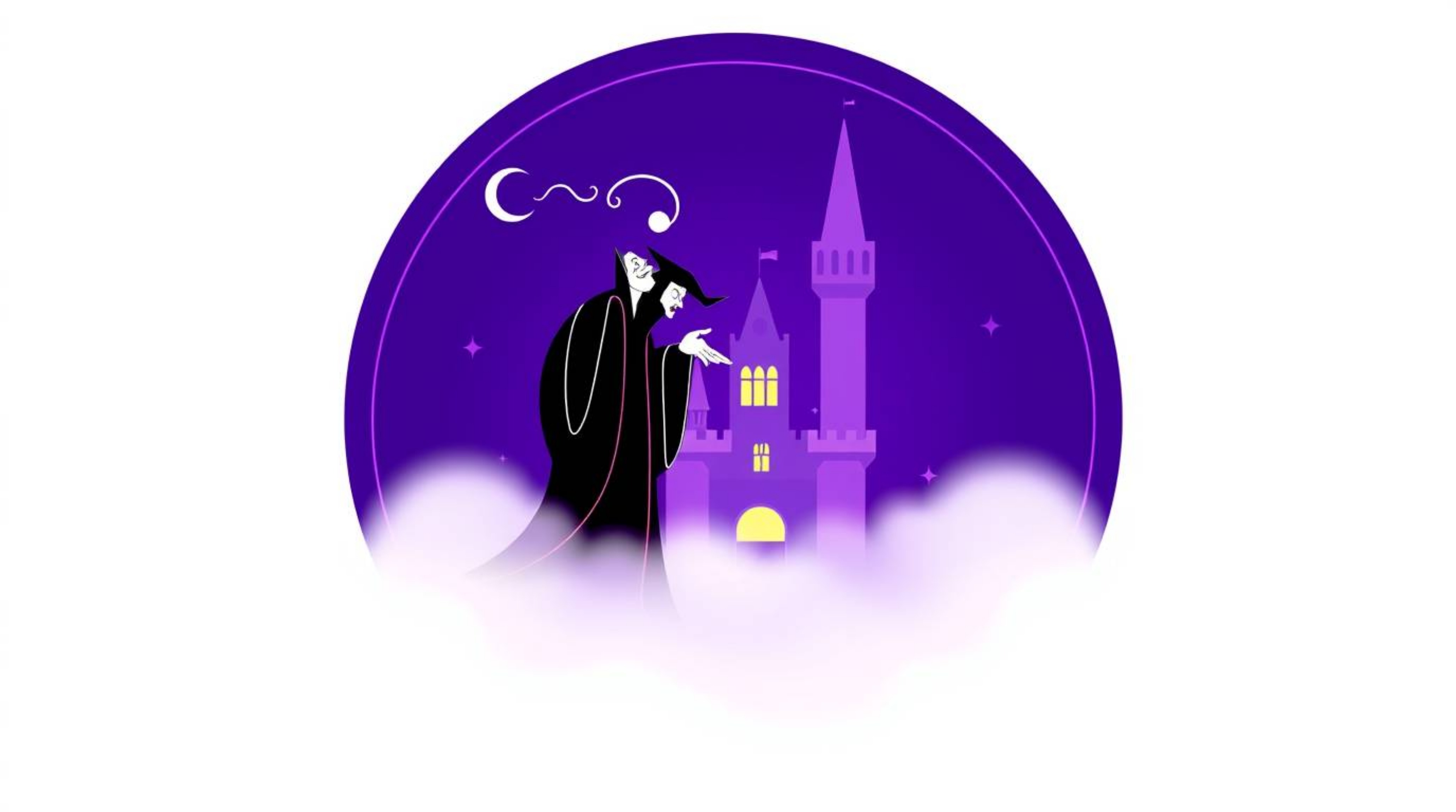 A captivating logo design features a classic Disney villain casting a spell within a mysterious, foggy castle. Geometric sha
