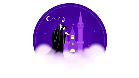 A captivating logo design features a classic Disney villain casting a spell within a mysterious, foggy castle.  Geometric sha