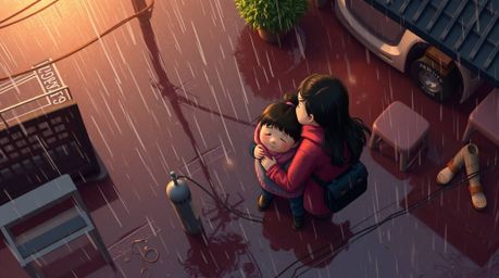 Experience a heartwarming family reunion depicted in a stunning Pixar-style illustration.  Set in a surreal, infrared-tinged 
