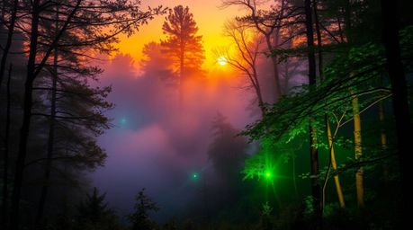 A captivating digital art piece showcasing a misty forest bathed in the warm light of the golden hour, infused with the magic