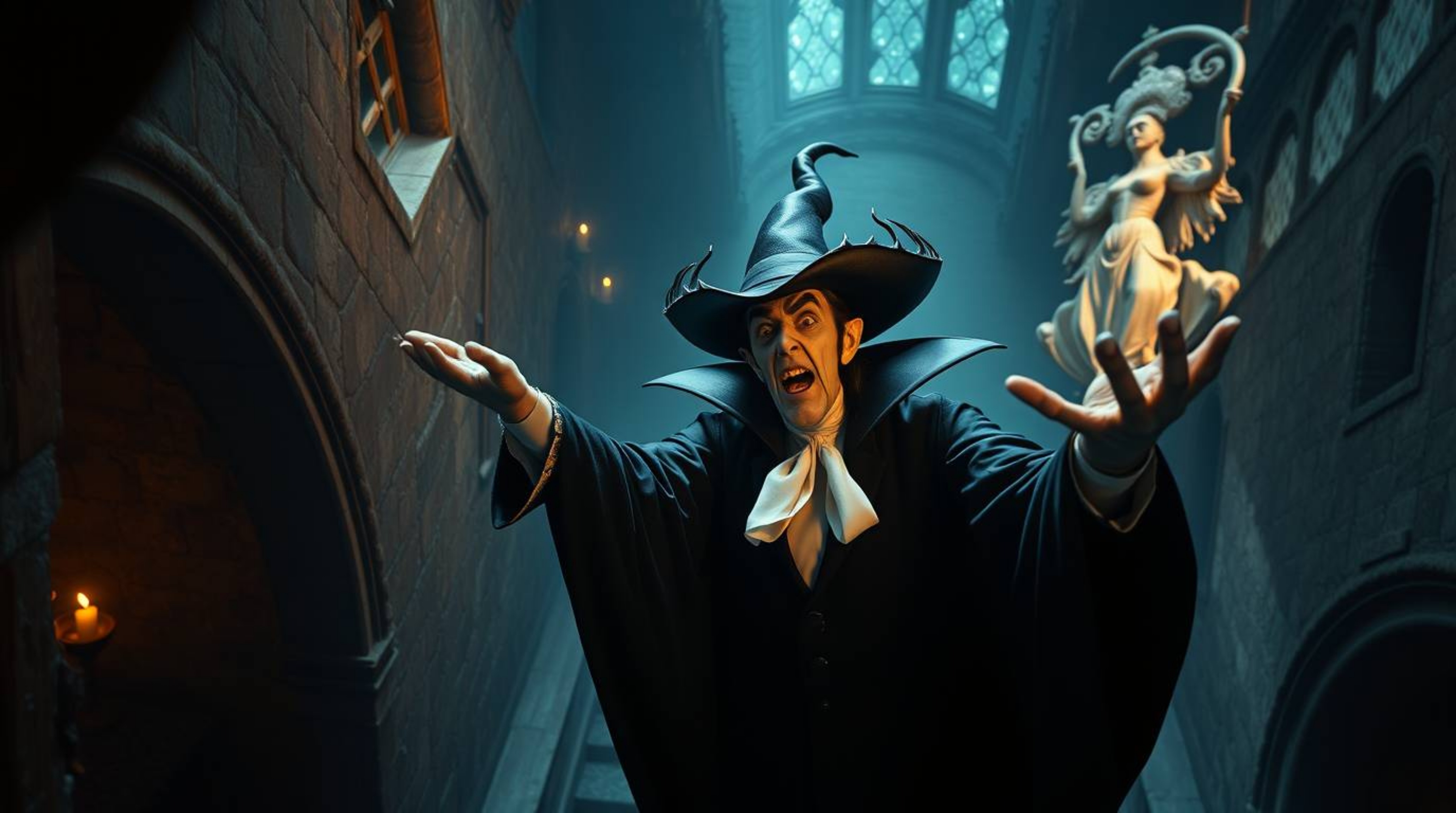 A high-angle, high-resolution stock photo depicts a classic Disney villain casting a spell within the walls of an ancient cas