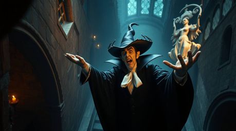A high-angle, high-resolution stock photo depicts a classic Disney villain casting a spell within the walls of an ancient cas