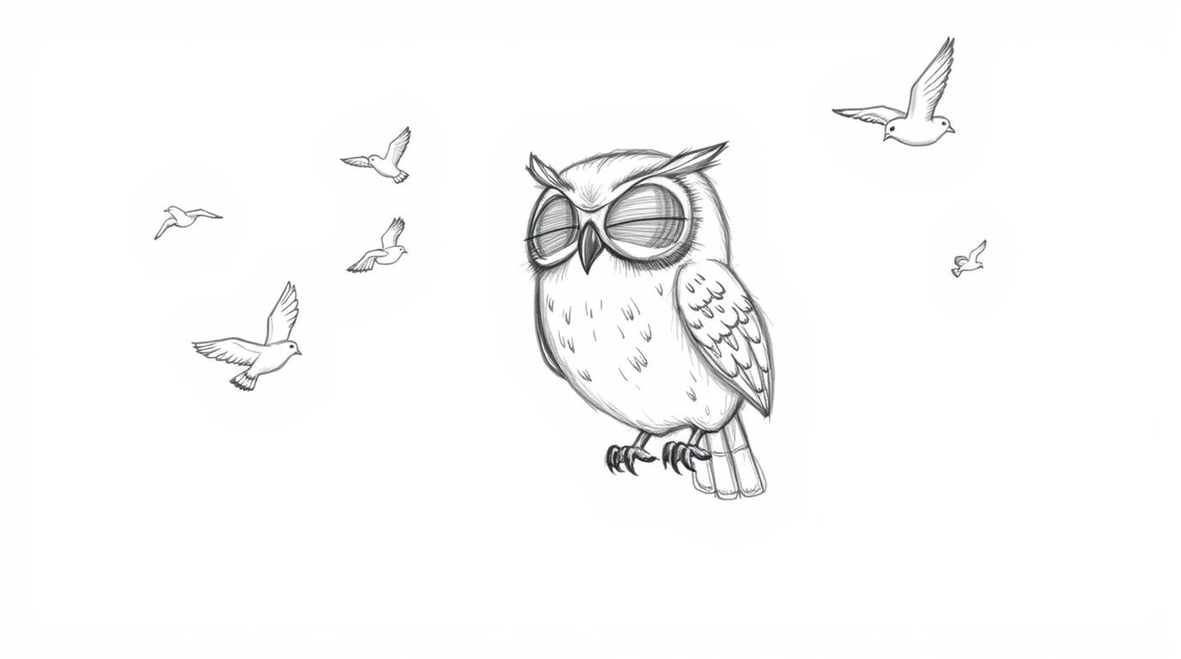 A heartwarming hand-drawn sketch in Pixar style depicts a blind owl with soft, expressive eyes guiding birds in flight. The d