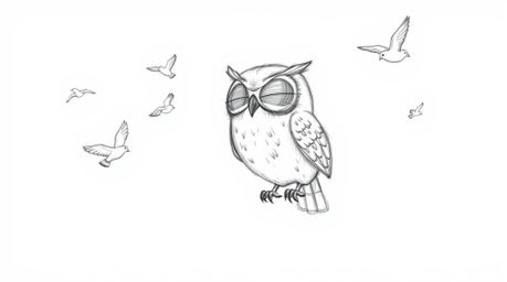 A heartwarming hand-drawn sketch in Pixar style depicts a blind owl with soft, expressive eyes guiding birds in flight. The d