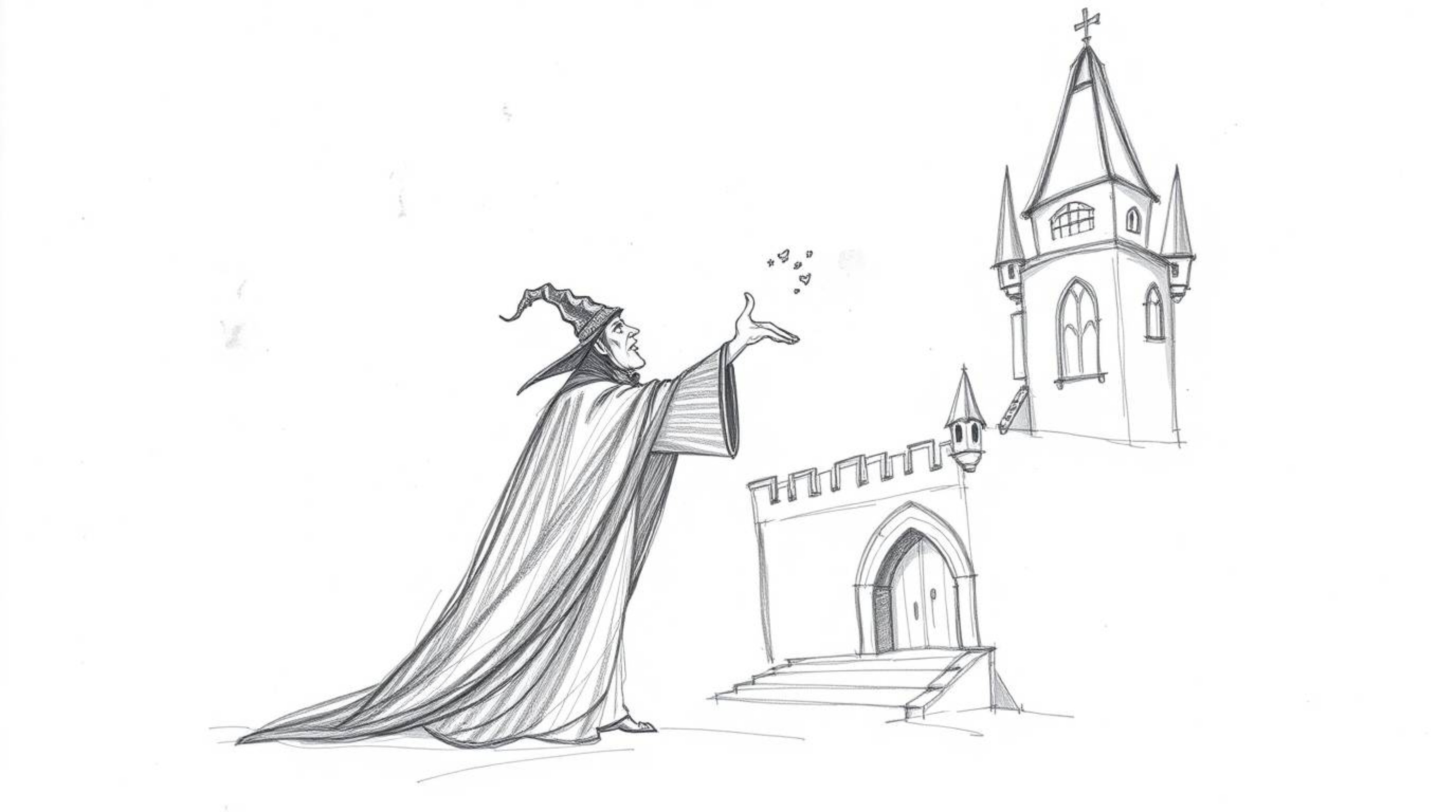 A captivating hand-drawn sketch depicts a classic Disney villain casting a powerful spell within the aged walls of an ancient