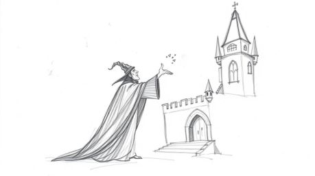 A captivating hand-drawn sketch depicts a classic Disney villain casting a powerful spell within the aged walls of an ancient