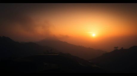 A moody, low-contrast digital painting capturing a breathtaking sunset over rice terraces nestled in mountainous terrain. The
