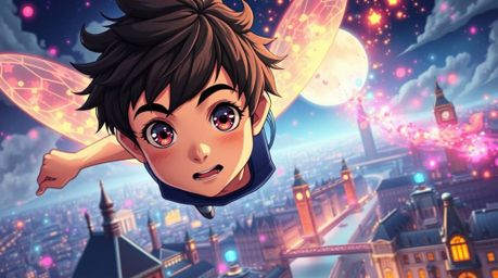 A young boy with bright eyes and dark hair takes flight above a stylized London, propelled by vibrantly colored pixie dust. T