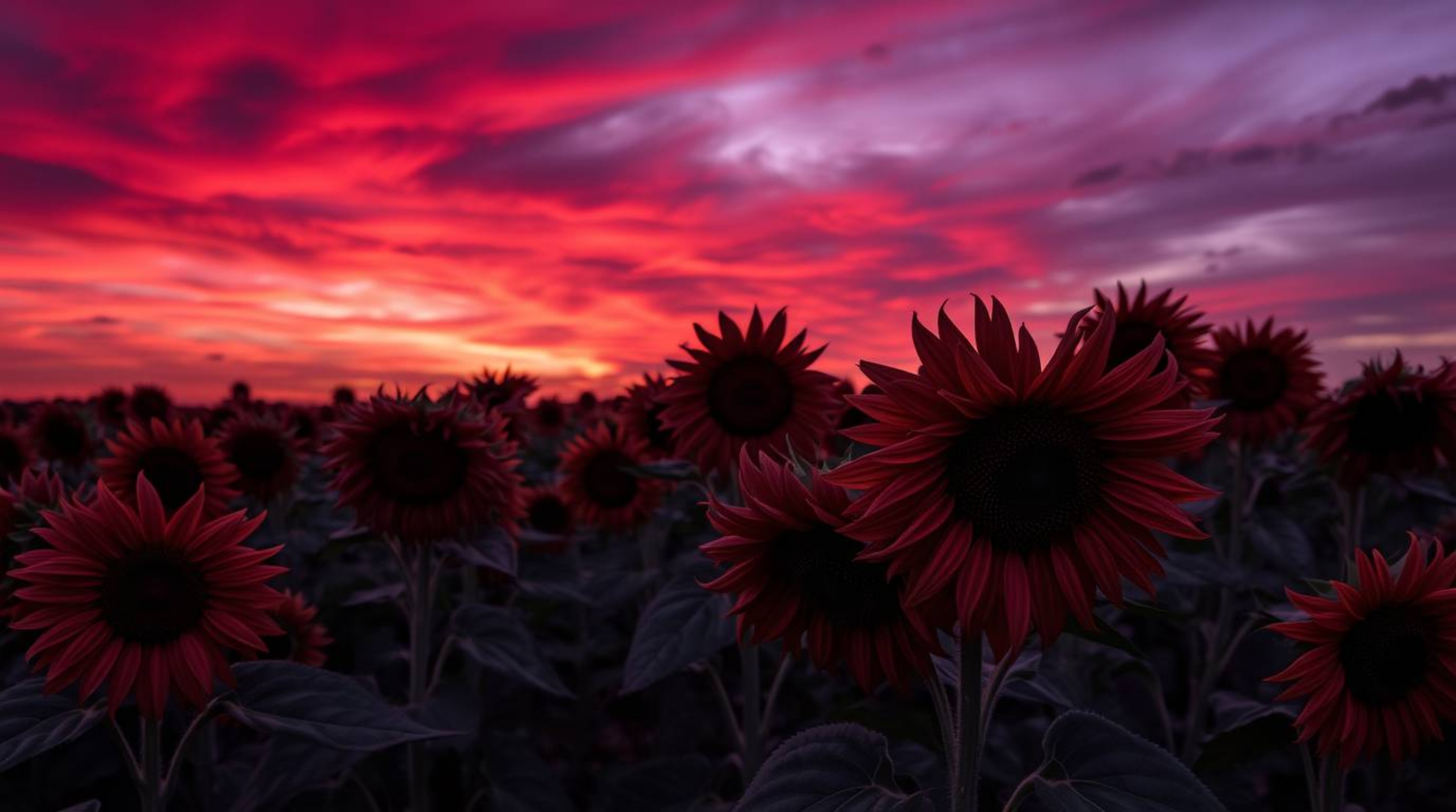 A stunning high-resolution stock photo depicts a field of jet-black sunflowers bathed in the dramatic light of a deep red and