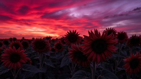 A stunning high-resolution stock photo depicts a field of jet-black sunflowers bathed in the dramatic light of a deep red and