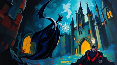 This bold acrylic painting depicts a classic Disney villain in the heart of an ancient castle, weaving a dark spell. The high