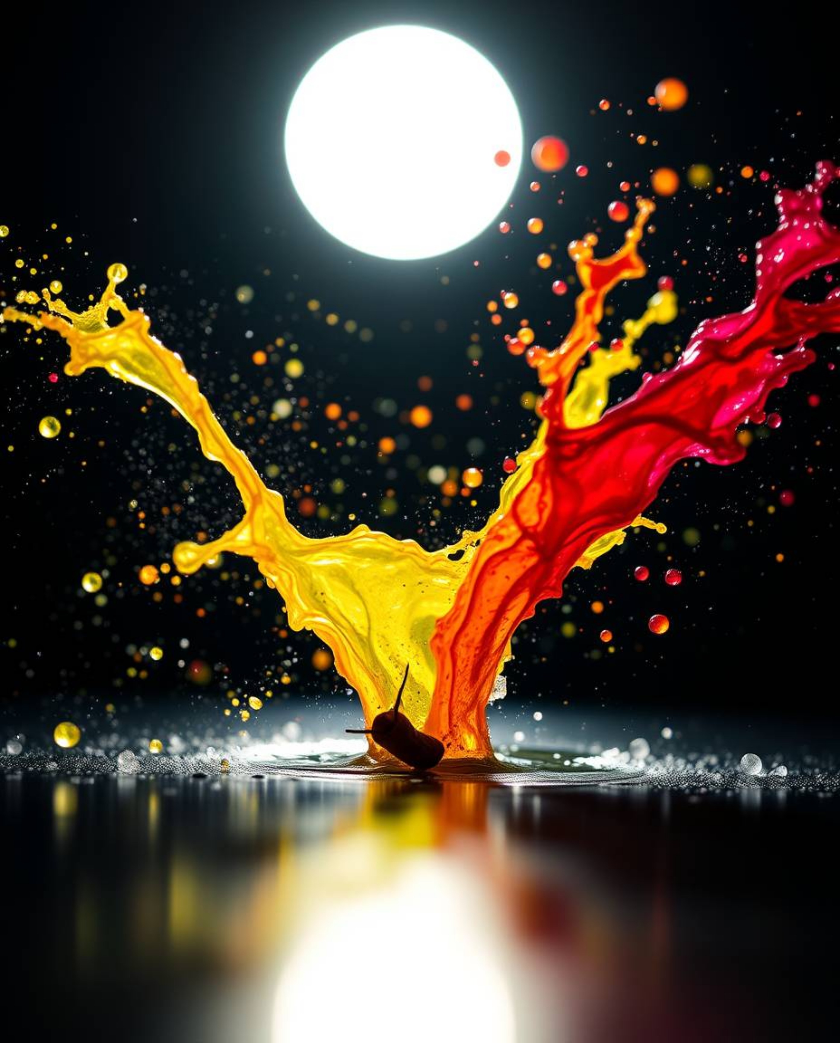Explore the captivating world of extreme macro photography with dynamic, colorful splashes frozen in motion against a stark b