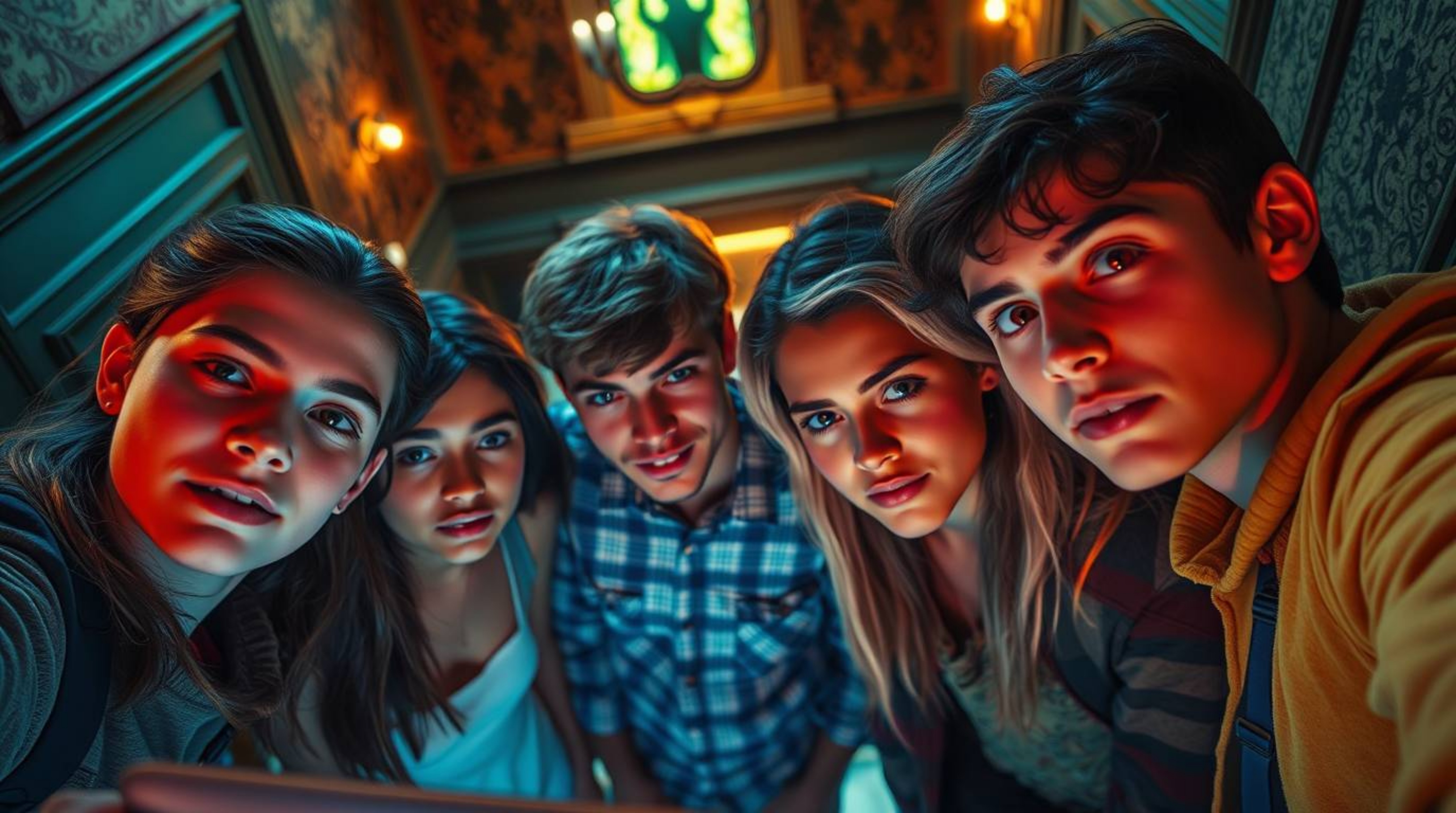 A captivating high-angle shot reveals a diverse group of teenagers intensely focused on solving a mystery within a vibrantly 