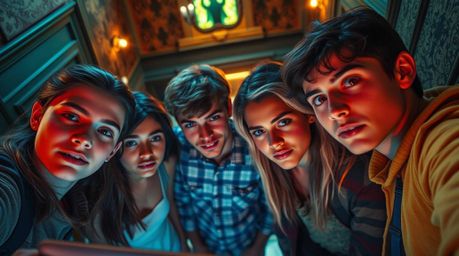 A captivating high-angle shot reveals a diverse group of teenagers intensely focused on solving a mystery within a vibrantly 