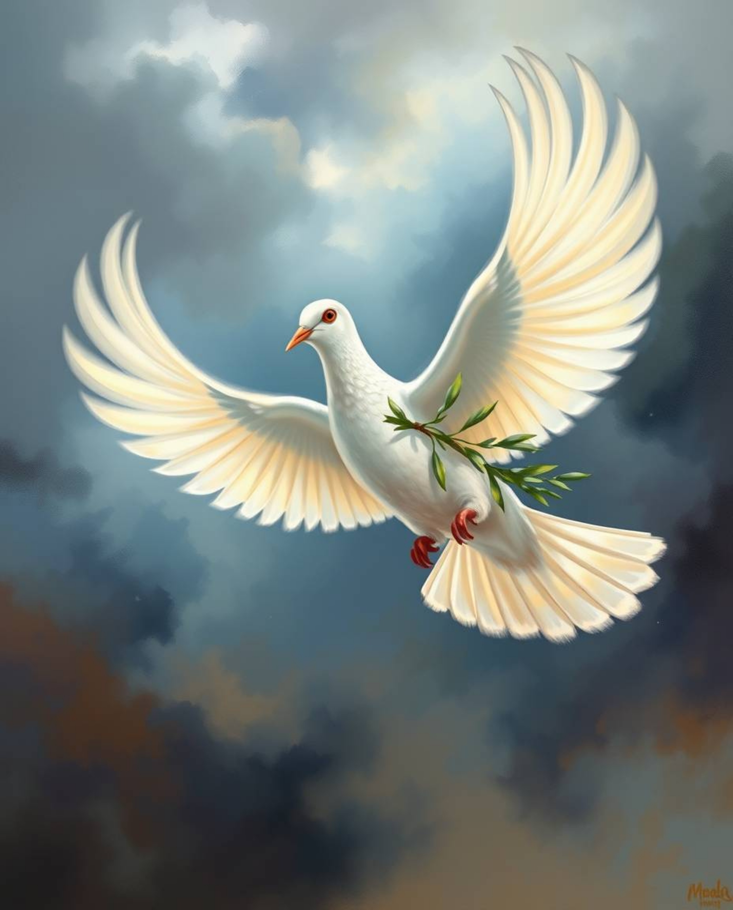A dynamic action painting depicting a dove, rendered in blurred motion, carrying an olive branch as it soars through a stormy