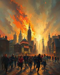 This captivating artwork depicts a city consumed by flames, with people running in all directions, rendered in the style of a