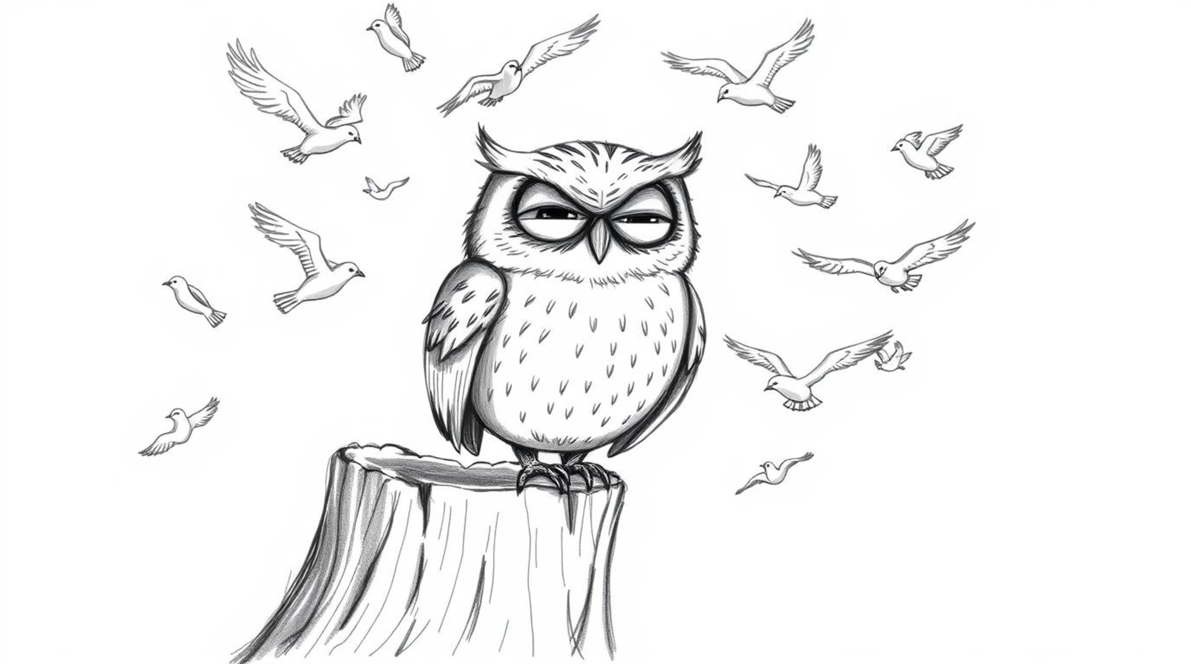This image depicts a heartwarming scene of a blind owl, rendered in a charming Pixar style with rough, textured pencil stroke