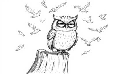 This image depicts a heartwarming scene of a blind owl, rendered in a charming Pixar style with rough, textured pencil stroke