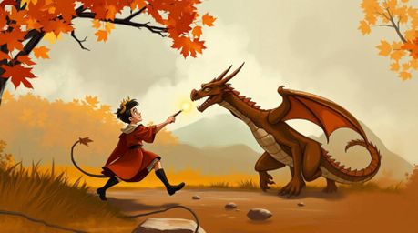 A captivating digital sketch depicts a charming prince battling a fierce dragon amidst a misty autumn landscape. Rendered in