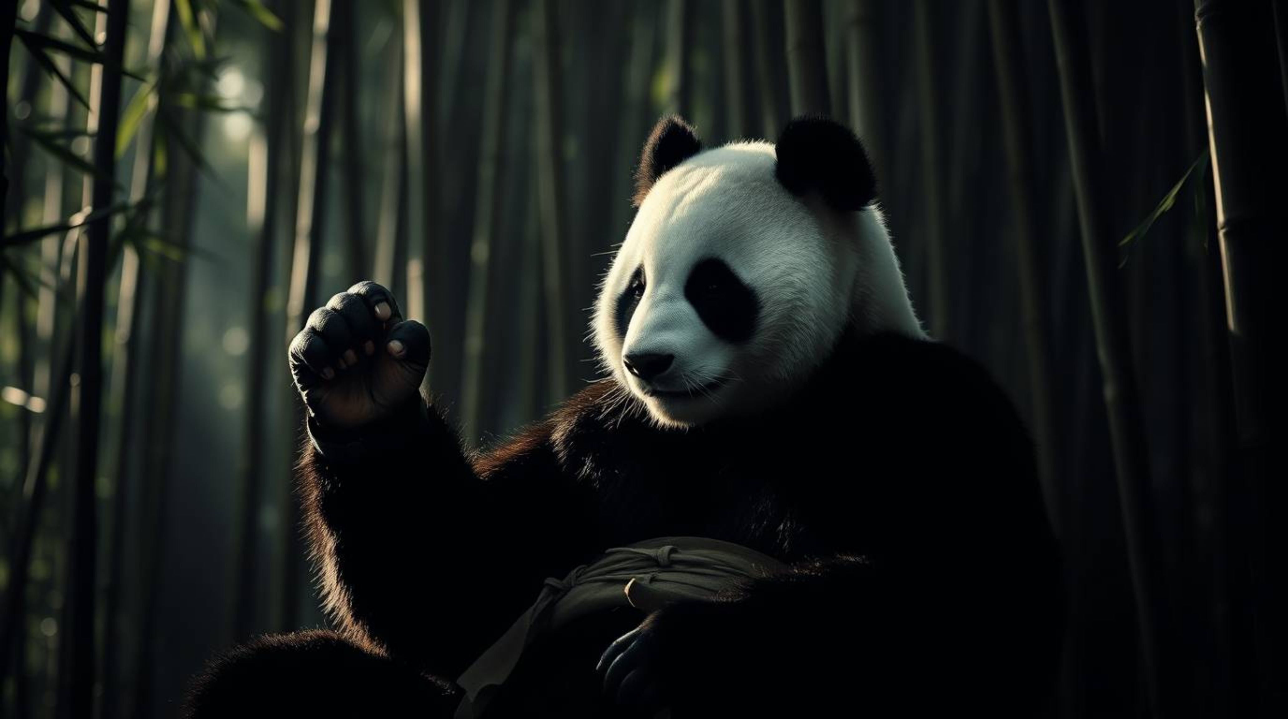 A graceful and elegant martial artist panda with refined features is depicted in a chiaroscuro-lit image, meditating peaceful