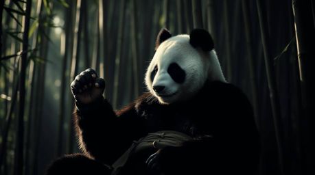A graceful and elegant martial artist panda with refined features is depicted in a chiaroscuro-lit image, meditating peaceful