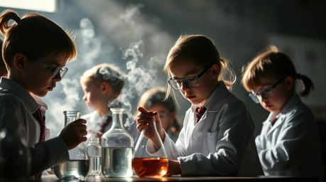 A photograph depicting a group of quirky children in school uniforms engrossed in science experiments, captured with high con