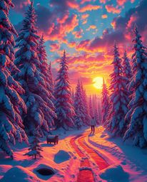 A dreamlike, surreal image in electric vivid colors depicting sunset light sparkling on snowy pine trees, featuring fantastic