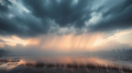 Experience the captivating beauty of a serene pond reflecting a dramatic, stormy sky or a vibrant sunset.  This image evokes 