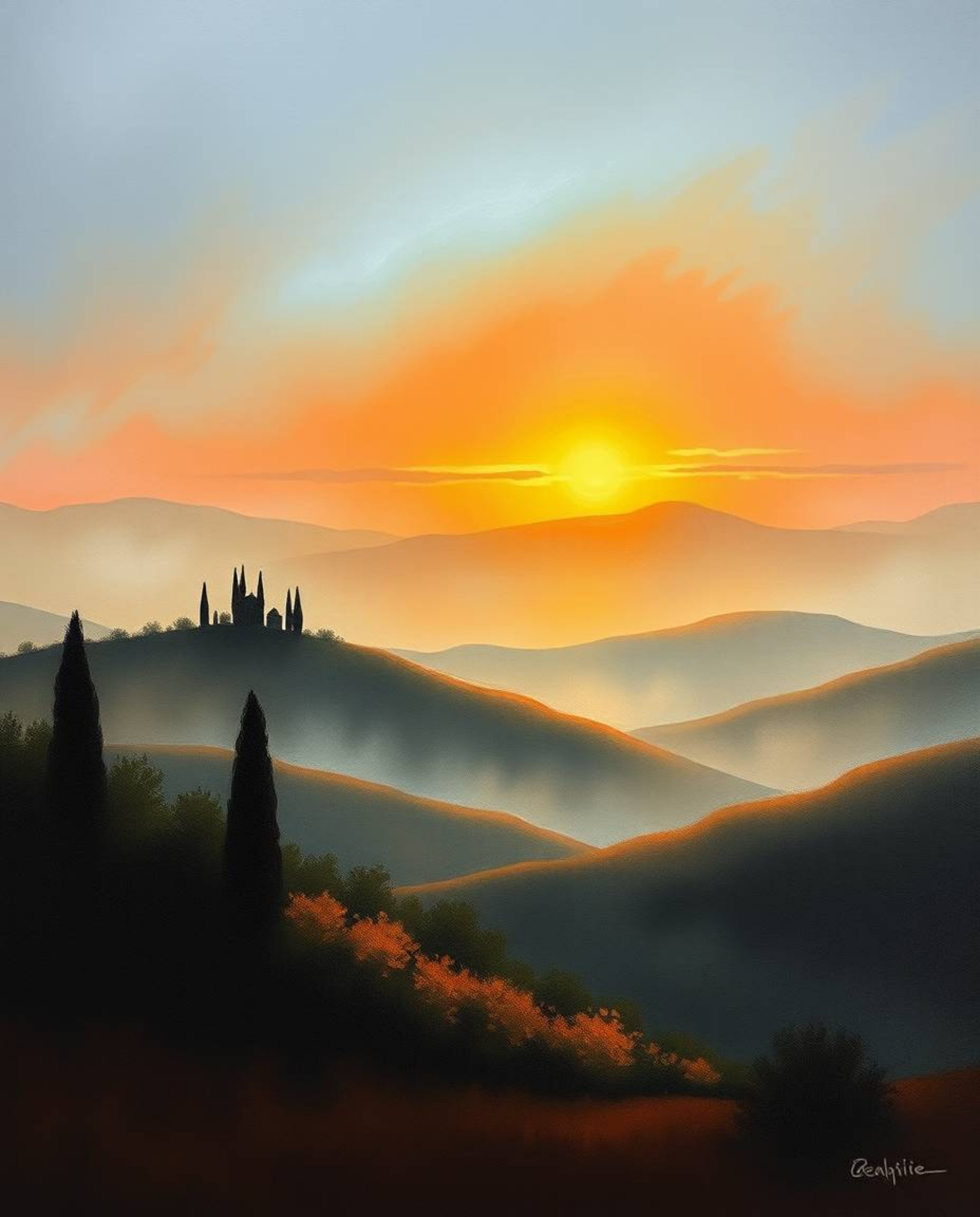 This is a graceful and elegant painting of a sunset over the misty, rolling hills of Tuscany, characterized by a strong, mood