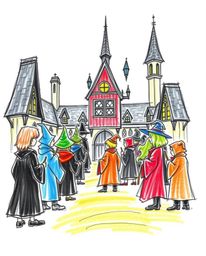 A captivating hand-drawn sketch depicts a magical school brimming with young wizards, rendered in vibrant complementary color