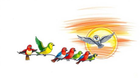 A heartwarming hand-drawn sketch in a Pixar-esque style depicts a blind owl with gentle features guiding a class of vibrantly