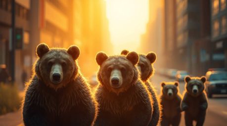 Embark on an urban adventure with a bear family, captured in a warm golden glow and soft cinematic haze. The image focuses ge