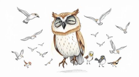 A heartwarming hand-drawn sketch in the style of Pixar depicts a blind owl with soft, expressive features and light brown plu