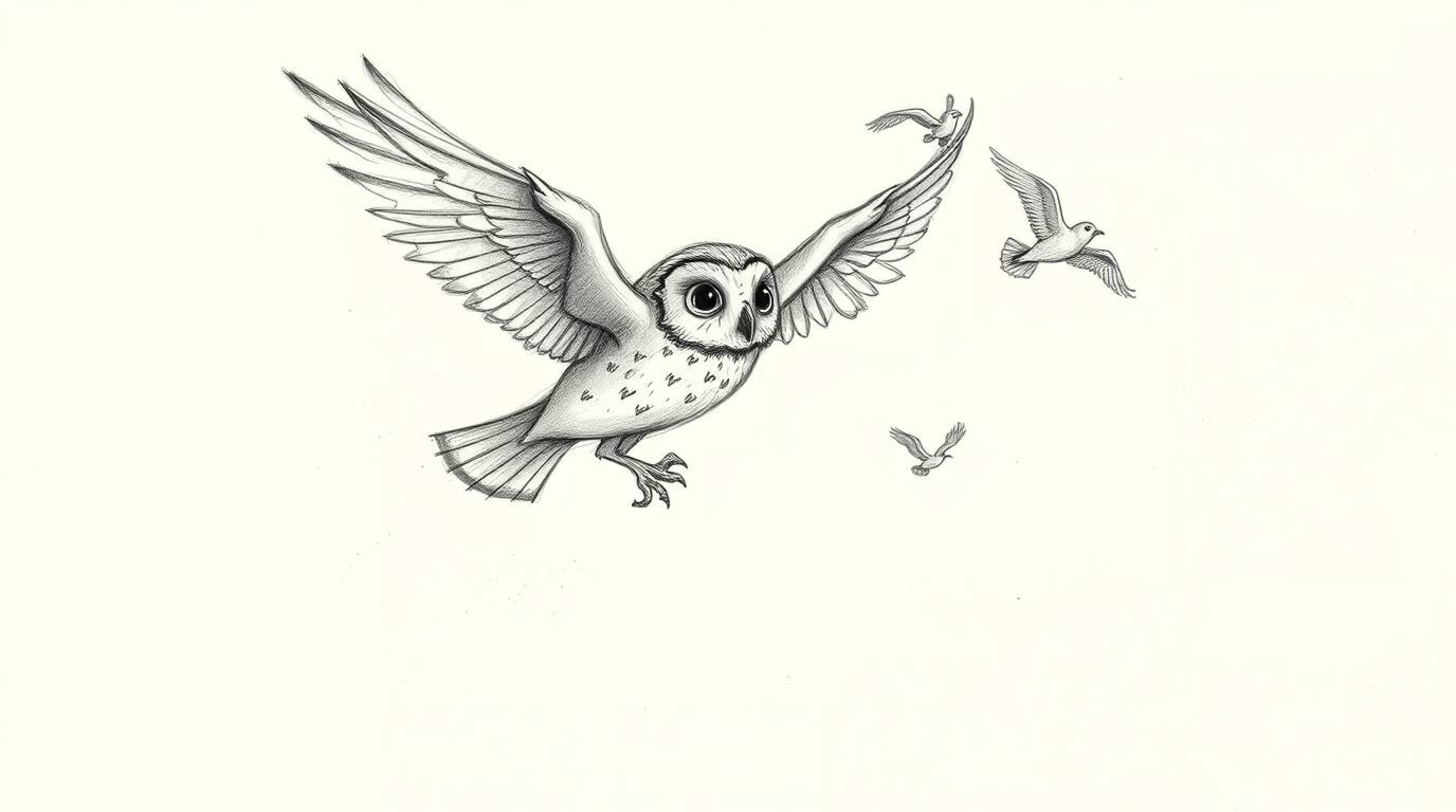 A heartwarming Pixar-esque hand-drawn sketch features a blind owl in mid-flight, remarkably guiding other birds on how to fly