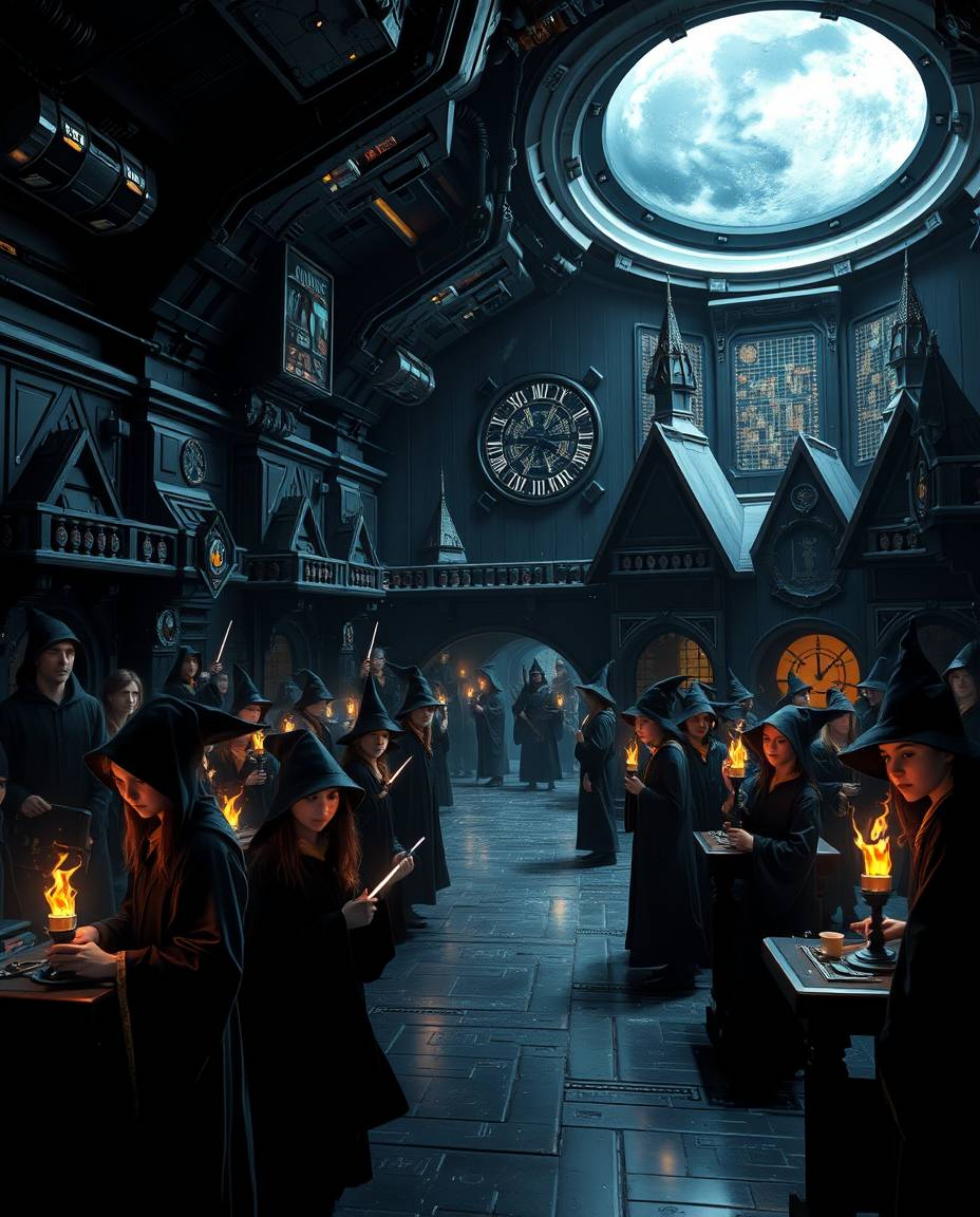 Explore a mesmerizing futuristic sci-fi magical school brimming with young wizards, presented in striking jet black and deep 