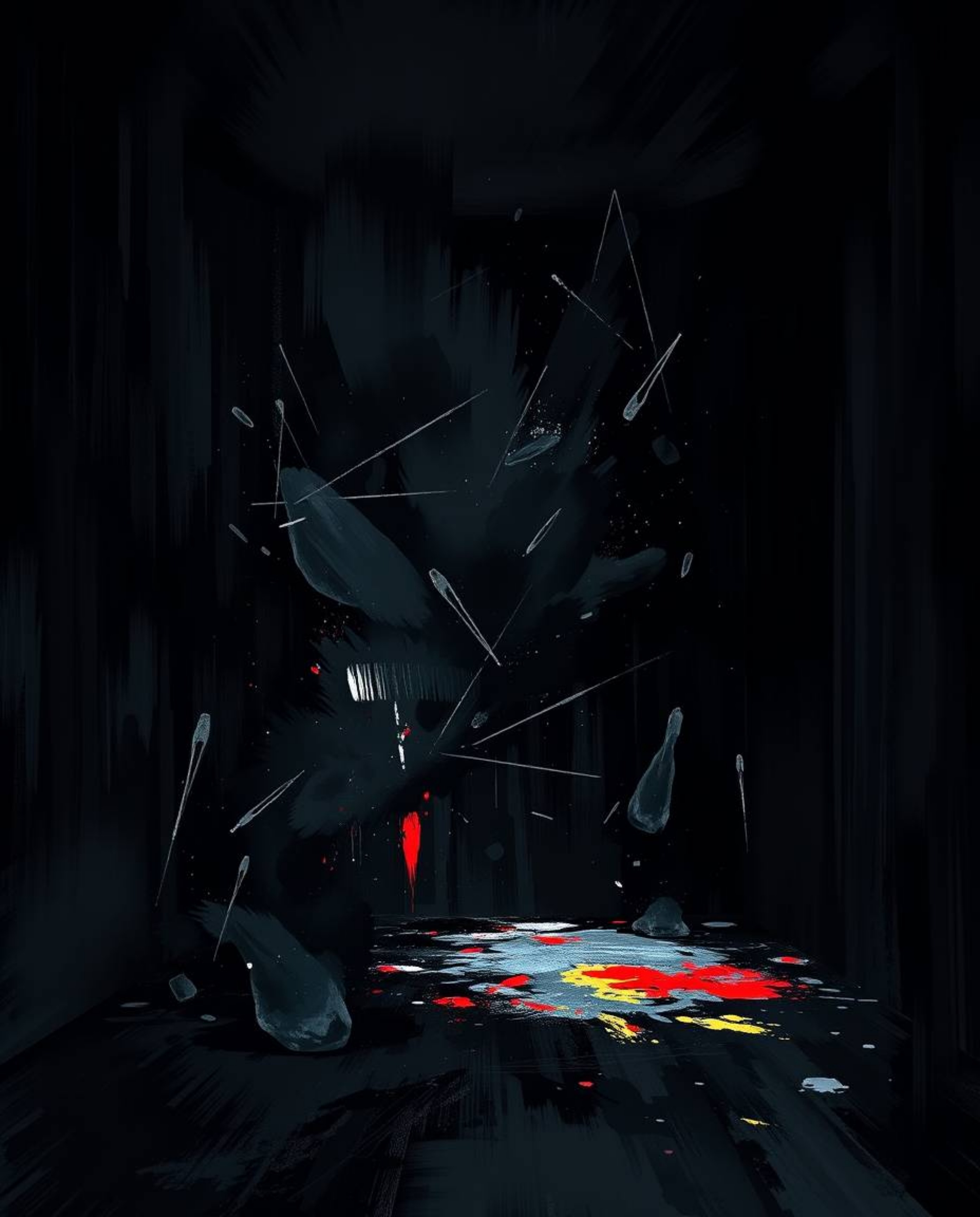 Experience a chaotic burst of creativity with this digital painting depicting a room exploding with vibrant paint. The intens