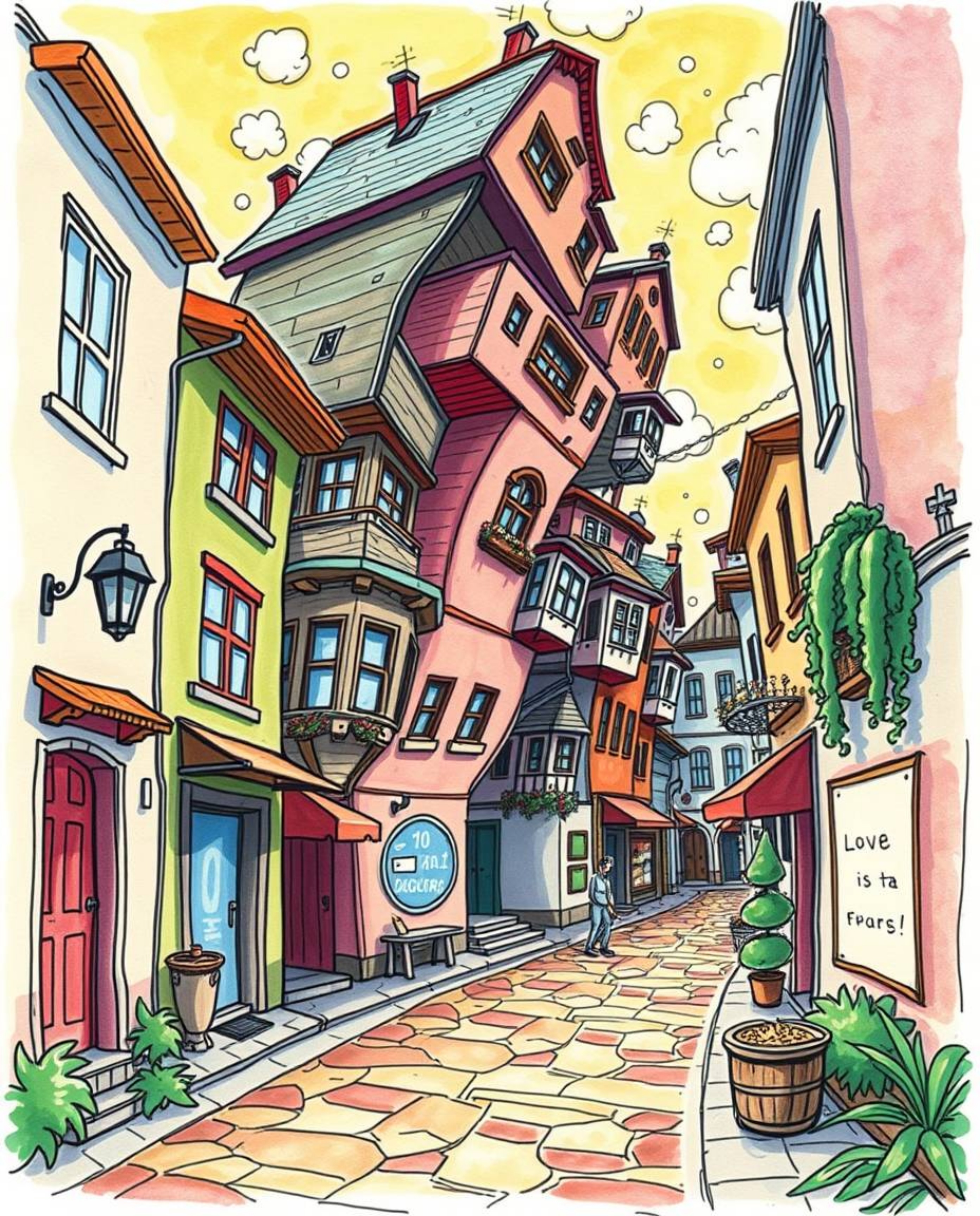 A captivating hand-drawn sketchnote depicts a surreal street scene where buildings fold and twist in a mesmerizing, mystical 
