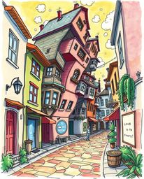 A captivating hand-drawn sketchnote depicts a surreal street scene where buildings fold and twist in a mesmerizing, mystical 