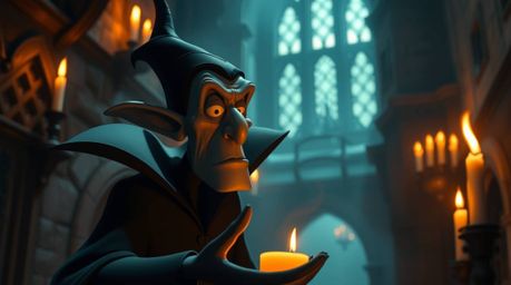 A classic Disney villain with exaggerated features and dark skin casts a spell within an ancient castle, bathed in the warm g