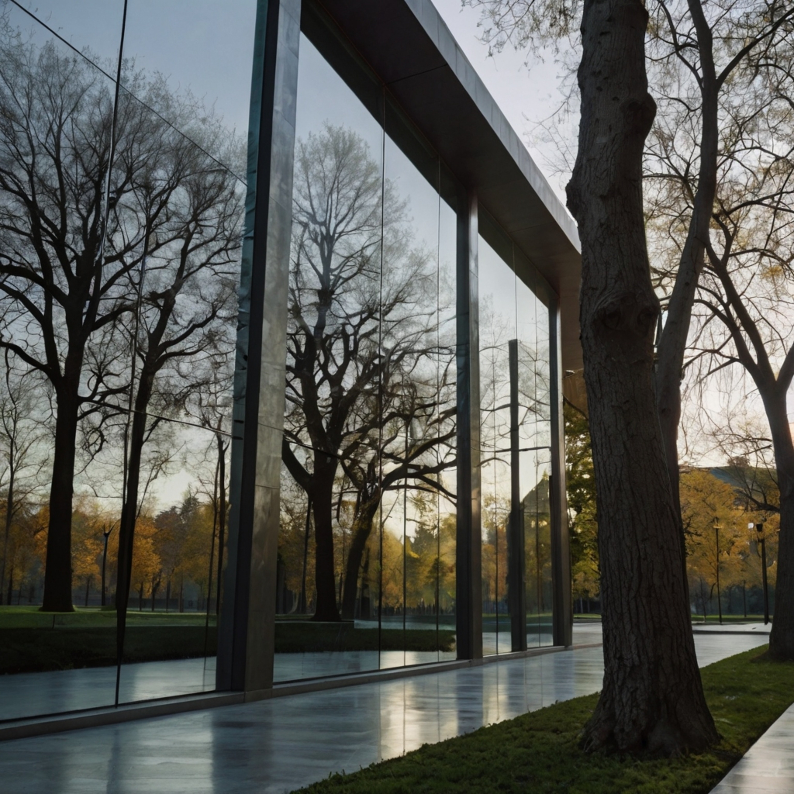 This contemporary museum building captivates with its expansive glass windows, creating a stunning visual effect by reflectin