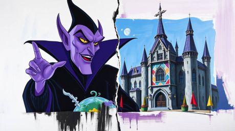 A bold acrylic painting featuring a classic Disney villain with purple skin and sharp, angular features, casting a spell with