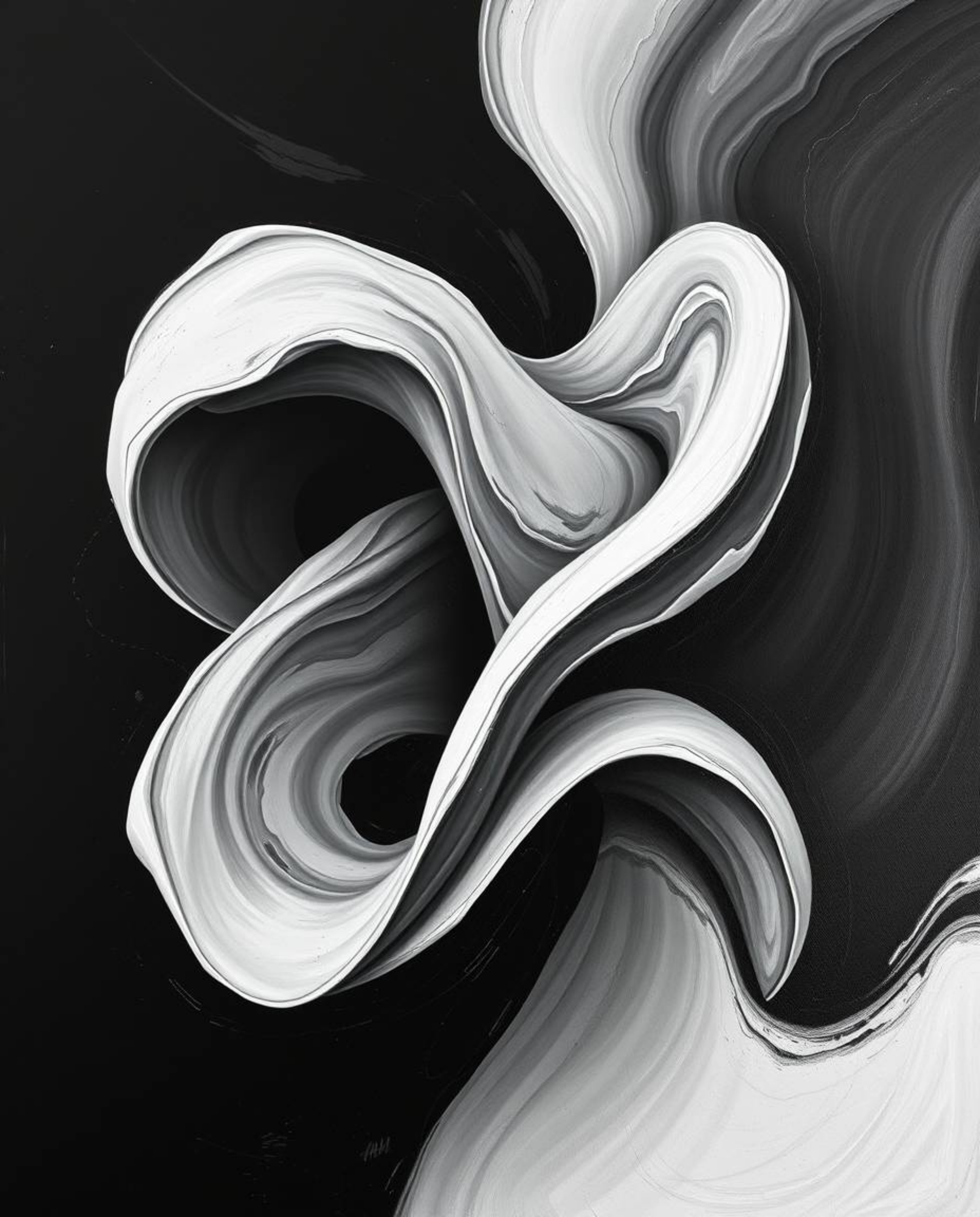 Explore a classic black and white oil painting featuring a captivating 3D illustration of fluid shapes seamlessly morphing in