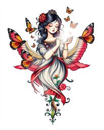 A stunning symbolic traditional tattoo art print featuring a girl releasing butterflies.  The design boasts vibrant colors, b