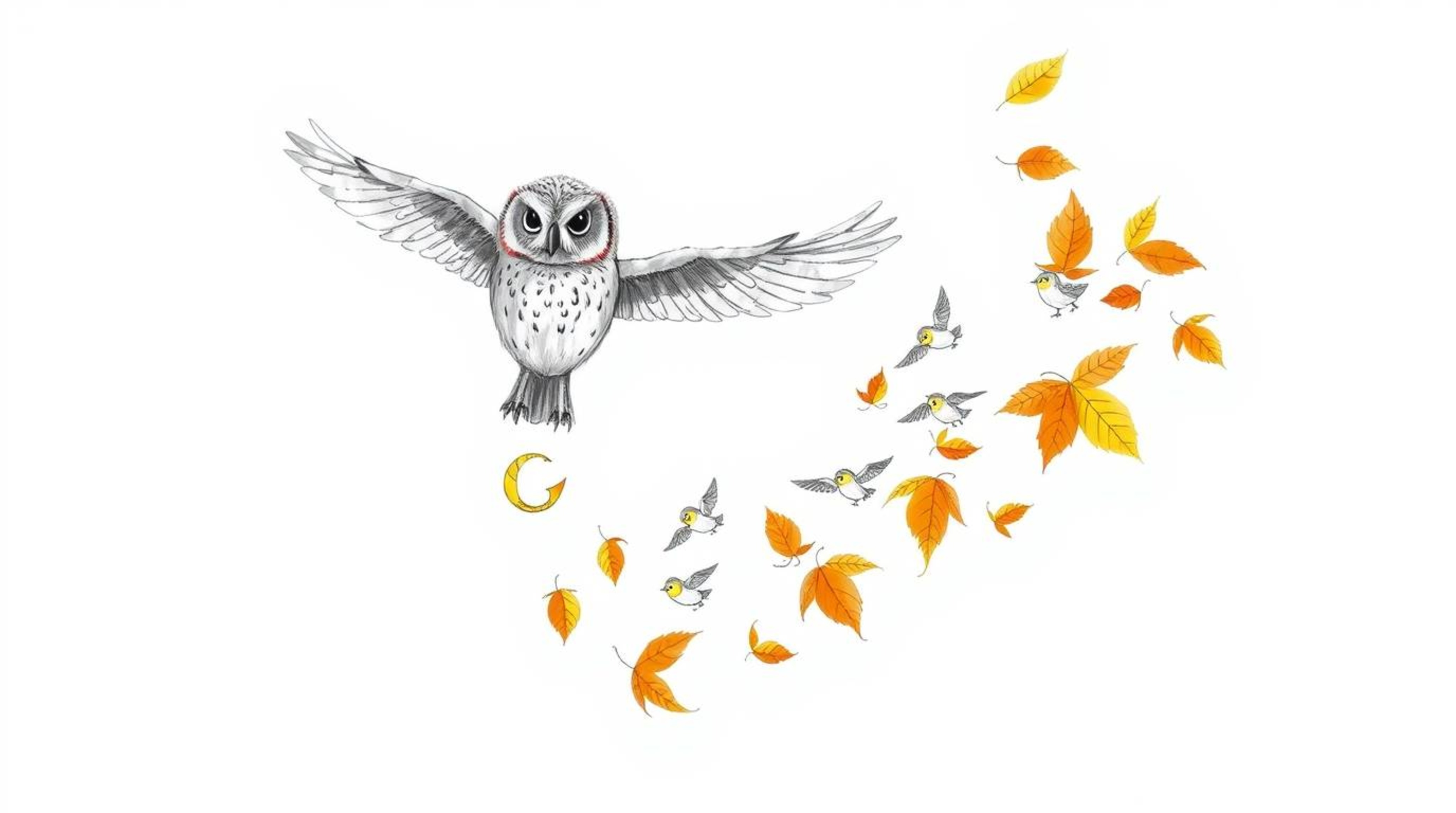 A charming hand-drawn sketch in the style of Pixar, depicting a blind owl with subtly textured plumage guiding a flock of tin