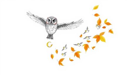 A charming hand-drawn sketch in the style of Pixar, depicting a blind owl with subtly textured plumage guiding a flock of tin