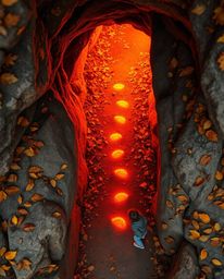 A captivating overhead bird's-eye view captures a child embarking on a magical journey. They follow a trail of warm, orange-g