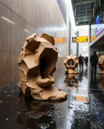 Discover stunning sculptural clay art depicting a wet, rainy scene.  The artwork features drizzling rain reflecting on modele