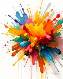 A vibrant explosion of colorful paint splashes on a white canvas, captured in a dynamic digital sketch with loose, painterly 