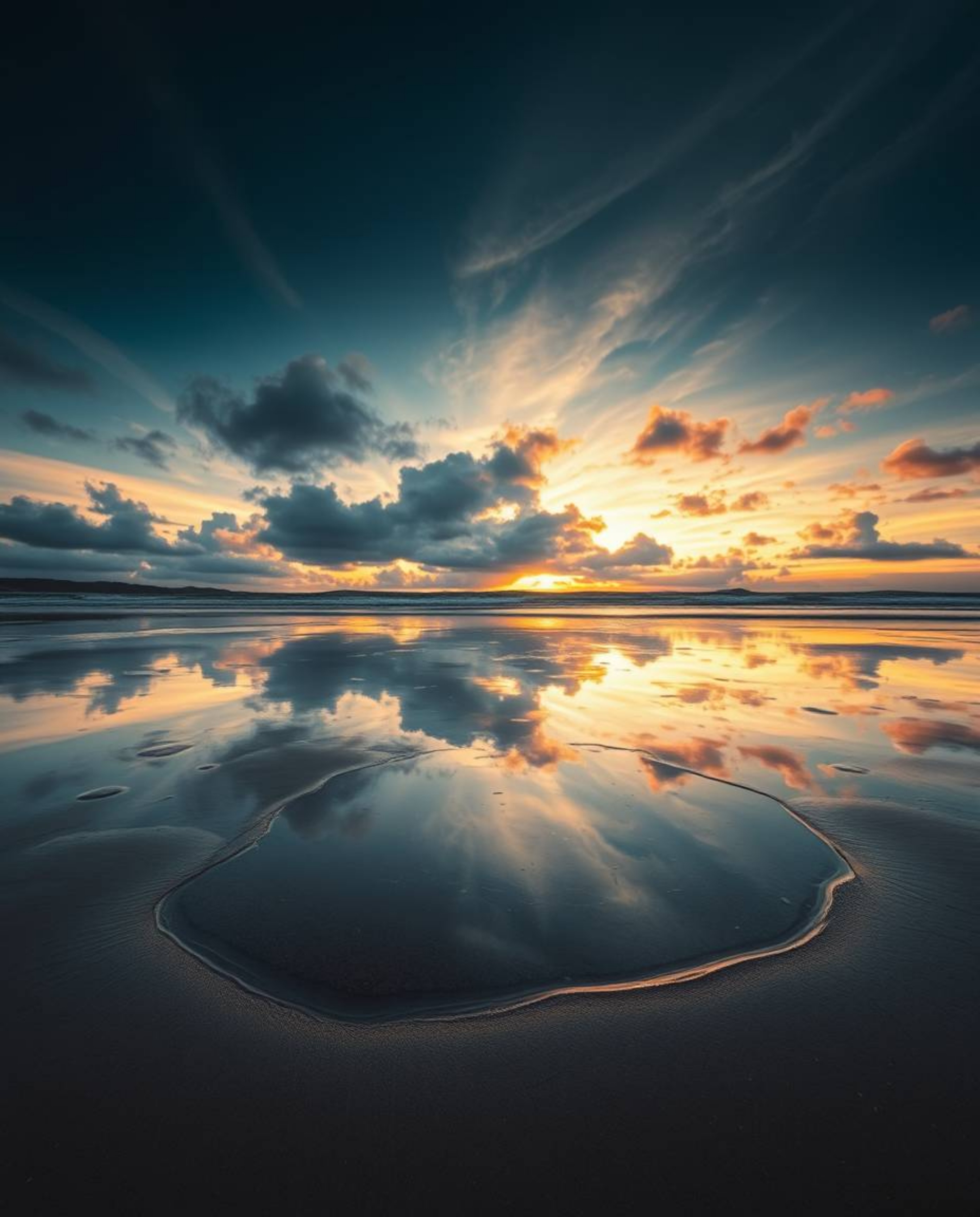 A highly stylized image captures a split sunset sky as it's mirrored in the tidal pools of a beach. The scene is defined by i